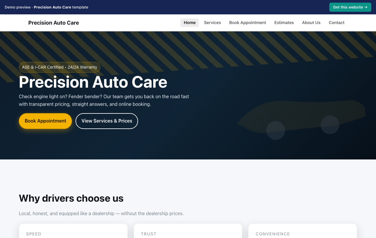 Home page of the Precision Auto Care website template