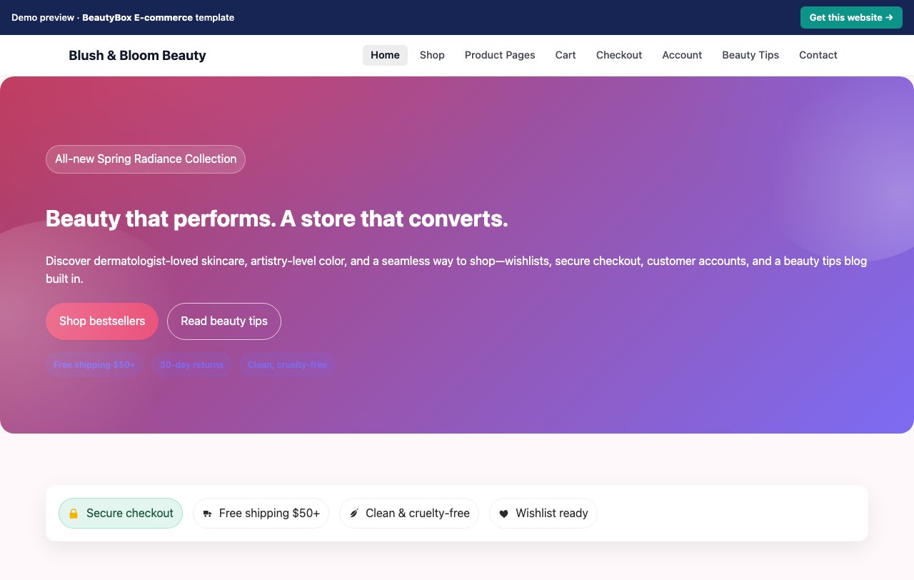 Home page of the BeautyBox E-commerce website template