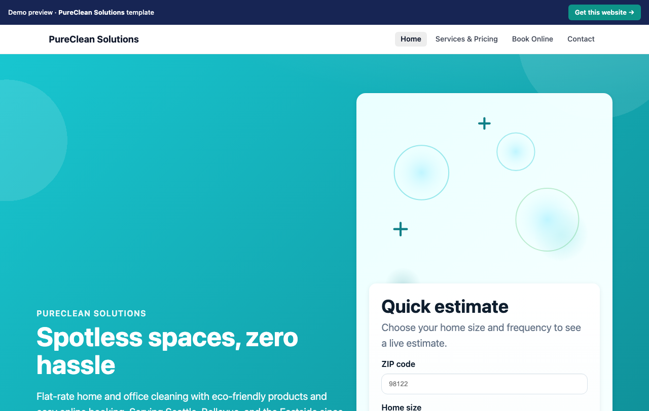 Home page of the PureClean Solutions website template