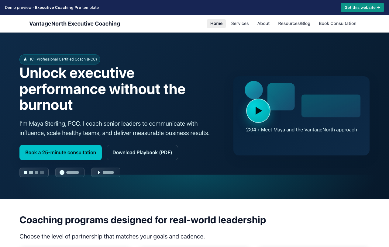 Home page of the Executive Coaching Pro website template