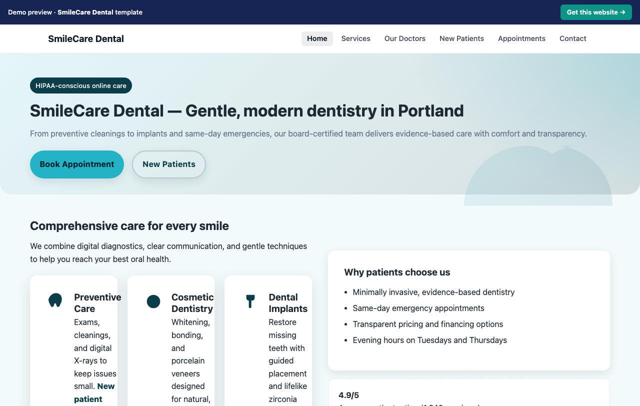 Home page of the SmileCare Dental website template