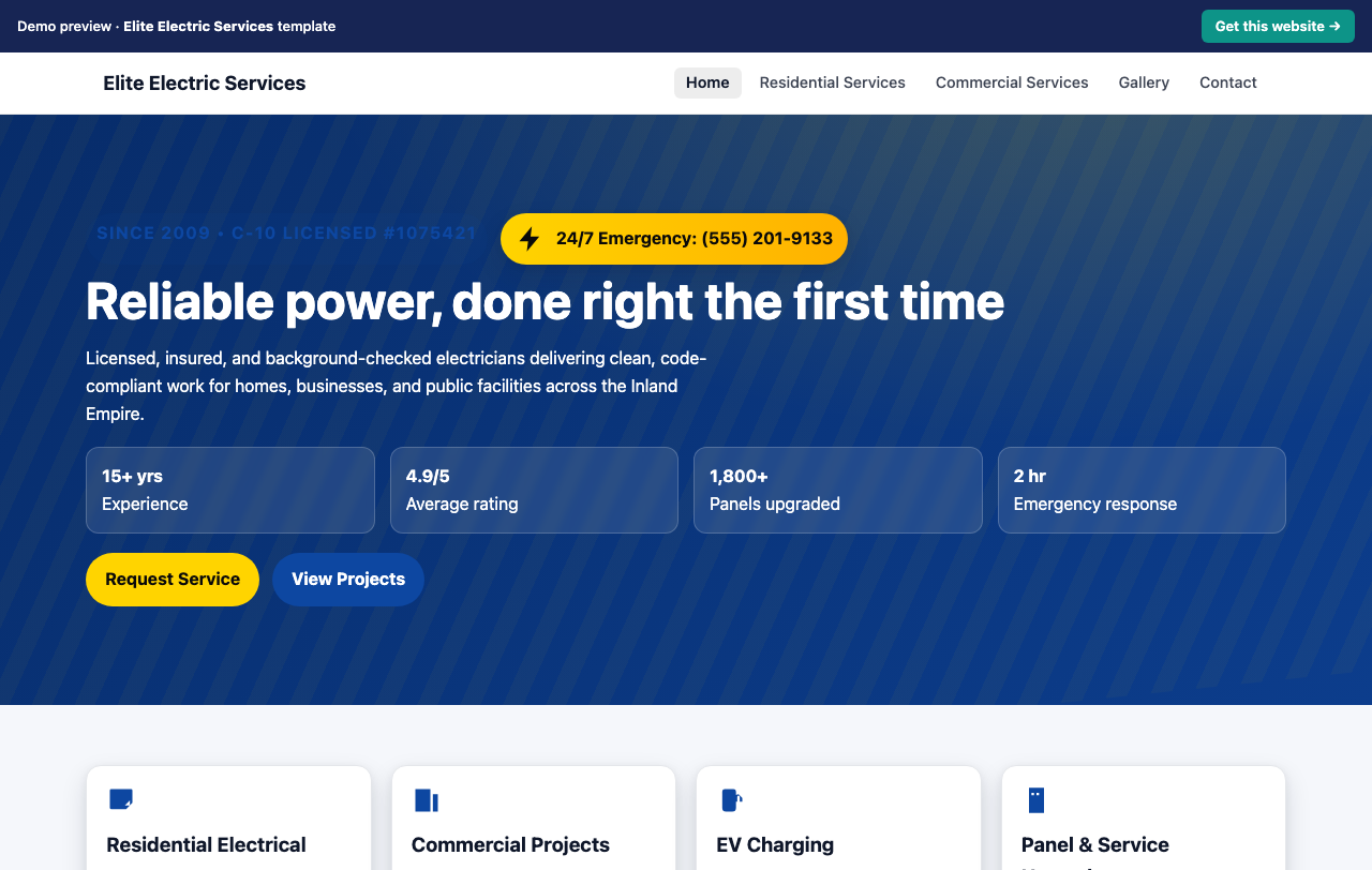 Home page of the Elite Electric Services website template