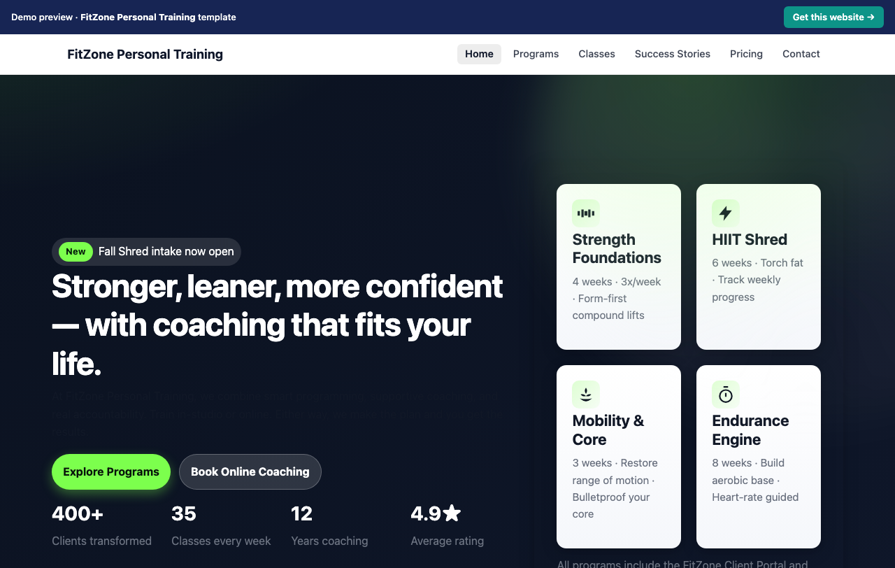 Home page of the FitZone Personal Training website template