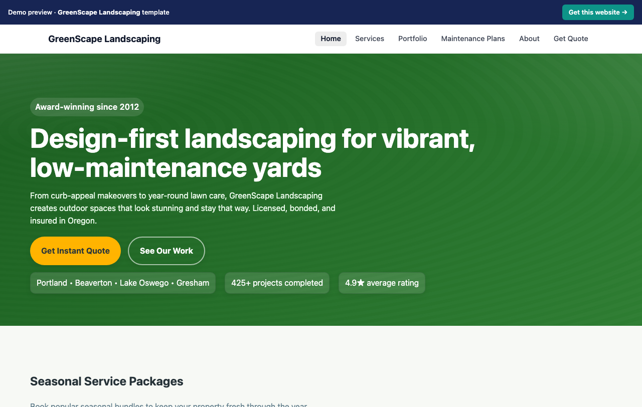 Home page of the GreenScape Landscaping website template