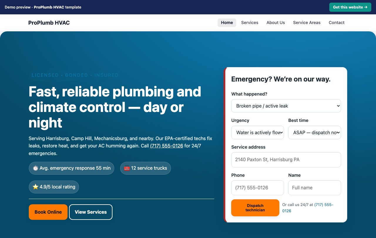 Home page of the ProPlumb HVAC website template