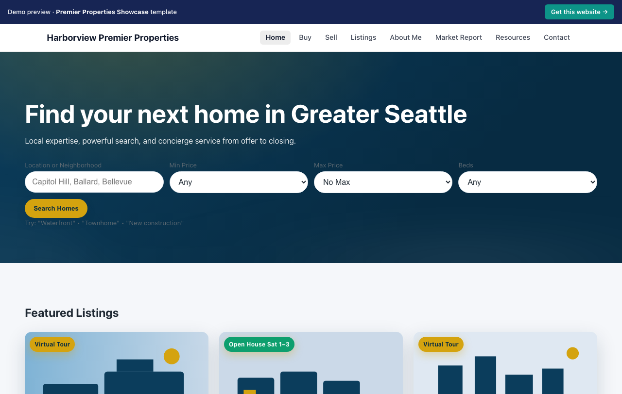 Home page of the Premier Properties Showcase website template