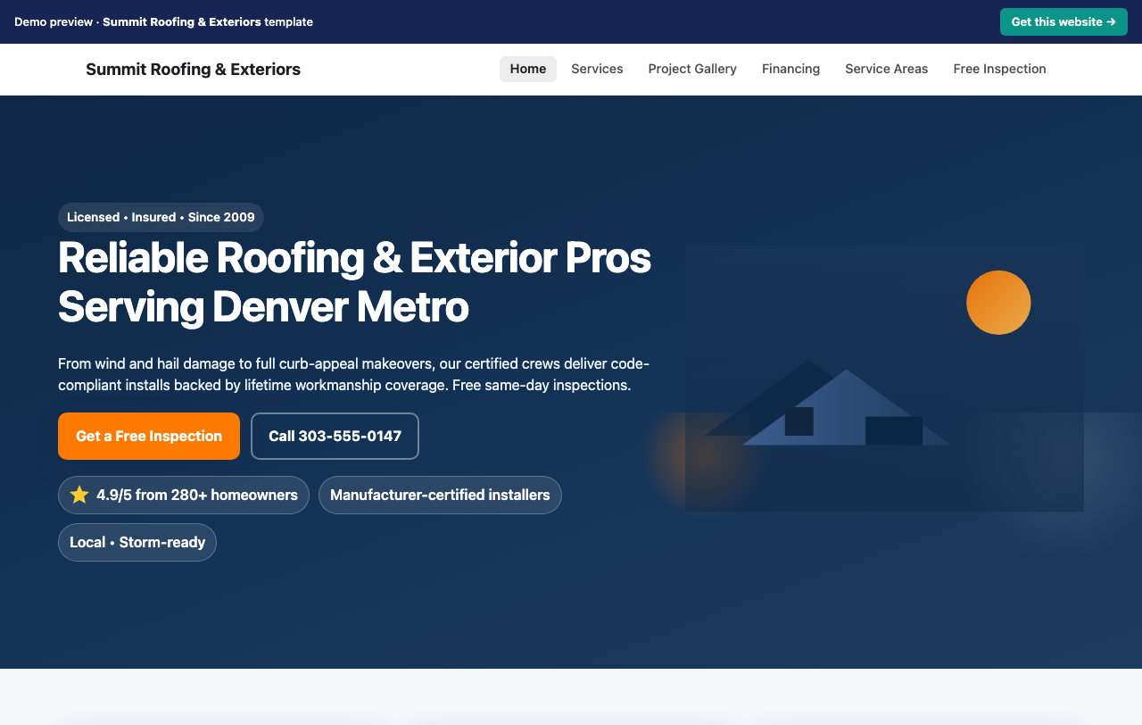 Home page of the Summit Roofing & Exteriors website template