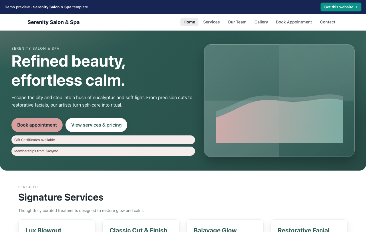 Home page of the Serenity Salon & Spa website template